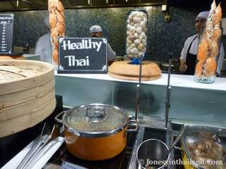 A Healthy Thai Food Sign At A Serving Area In A Hotel