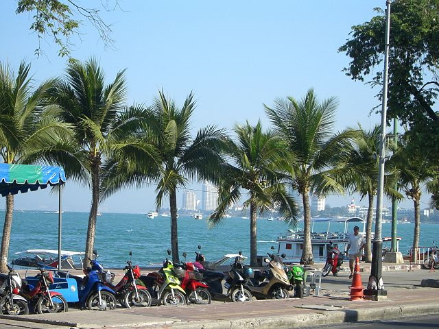 Pattaya Beach Road With Motorbikes Parked In Background