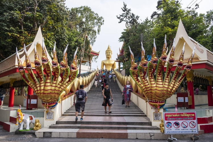 Big Buddha Temple Steps In Pattaya With Tourists Walking Up The Steps