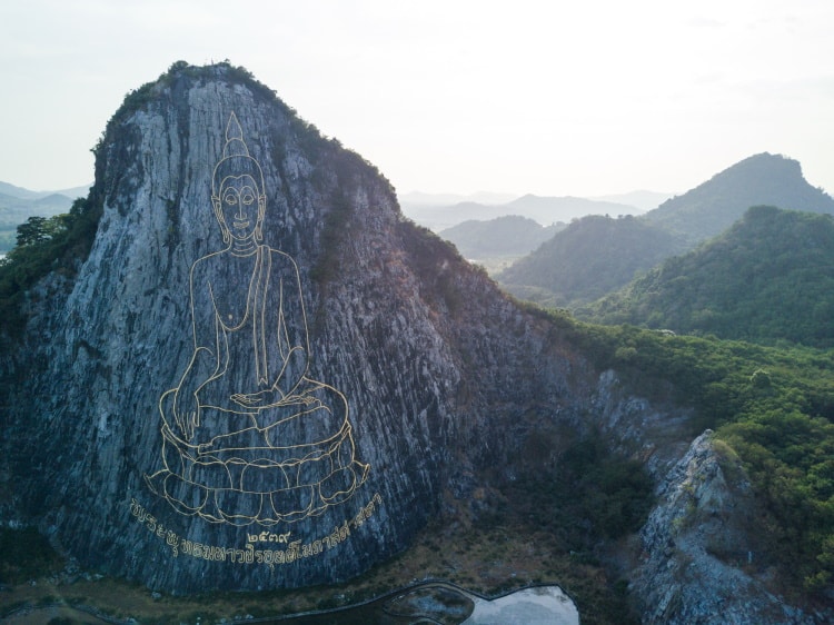 Gold Buddha Image On The Cliff At Khao Chi Chan, Pattaya, Thailand