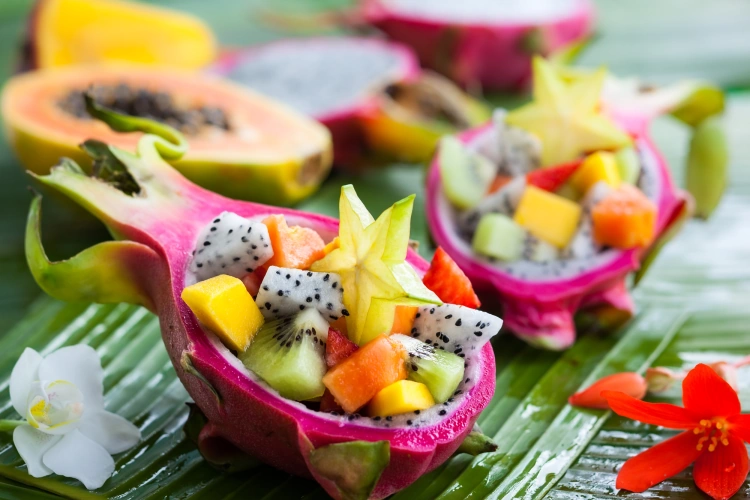 Thailand Fruit Salad On Banana Leaf Inside A Dragon Fruit
