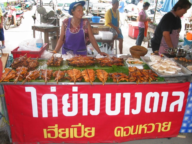 Barbecue Chicken Selling On A Market Stand In Thailand