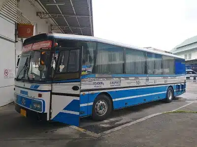 Blue And White Bus From Bangkok To Kanchanaburi