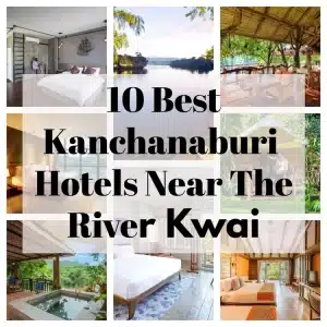Collage Of Kanchaburi Hotel Rooms Near The River Kwai With Text Overlay