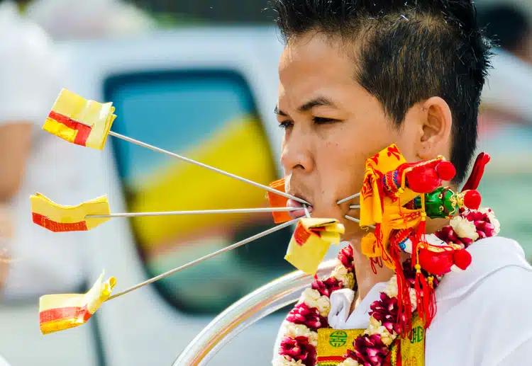 Phuket Thailand Vegetrian Festival With Asian Man Asian Facial Piercings Tradition