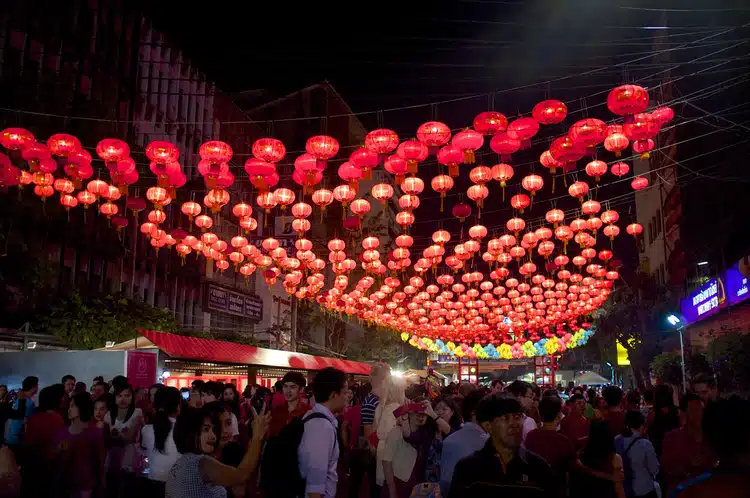 Lots Of Red Chinese Lanterns Hanging For Chinese New Year In Bangkok Thailand At Night