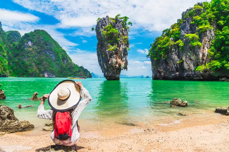 Woman Wearing Hat At James Bond Island Phuket Thailand With Beautiful View