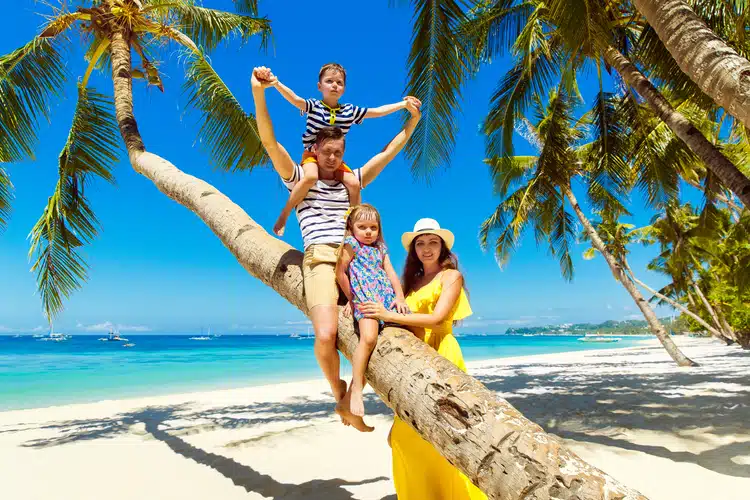 Family On A Tree At A Thailand Beach With Palm Trees And Blue Skies